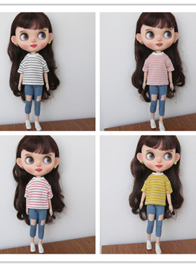 blythe小布衣服 ob24 azone 19关节体 芭可 licca圆领条纹T恤娃衣