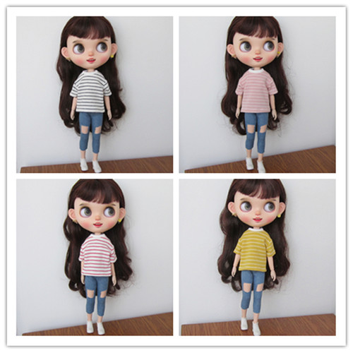 blythe小布衣服 ob24 azone 19关节体 芭可 licca圆领条纹T恤娃衣