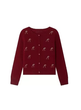 Choice.i Girl bp 女童串珠樱桃羊毛针织开衫 秋冬节日红色毛衣