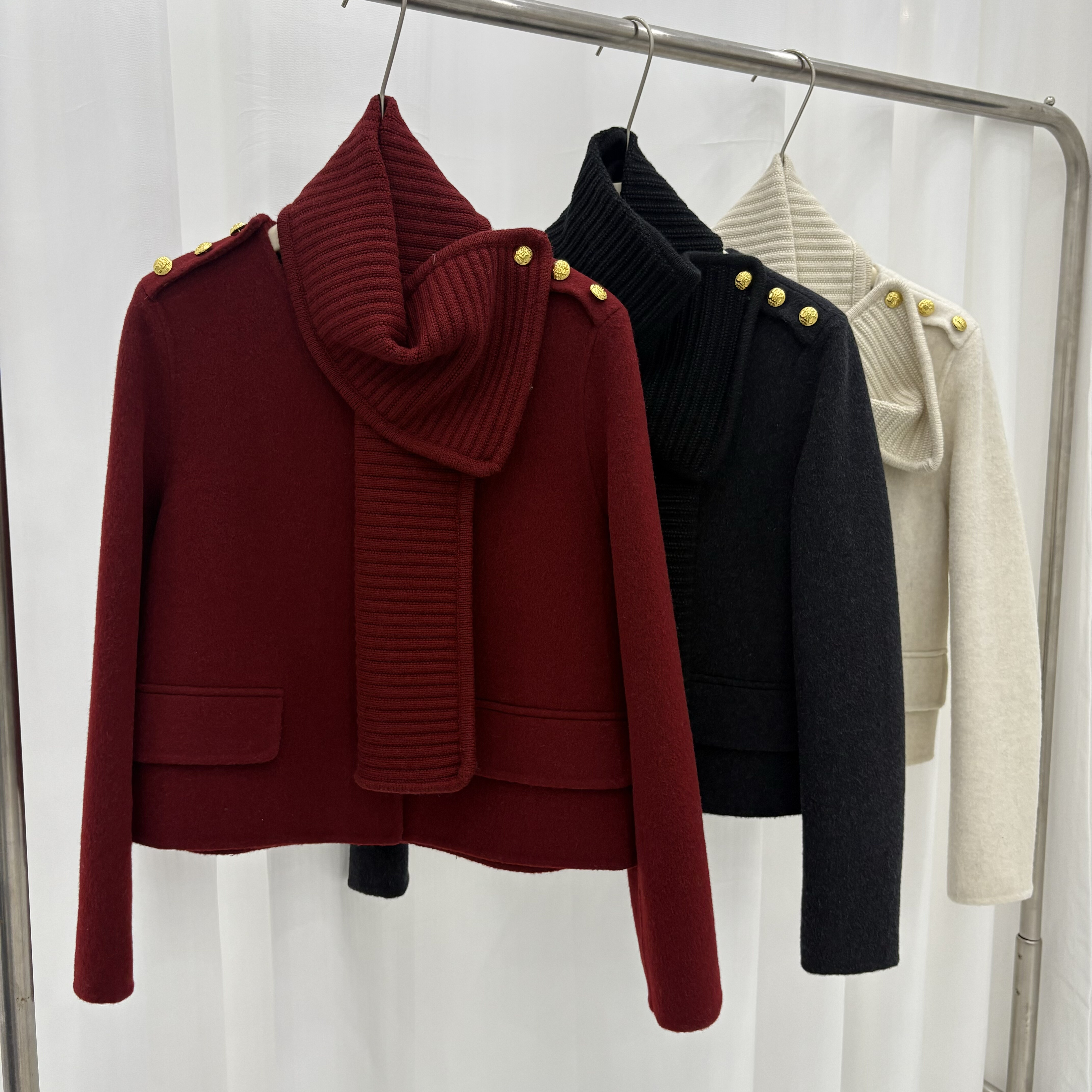 秋冬时髦圆领针织围巾可卸2025新款韩版精致短款小个子羊毛外套女,女装/女士精品,毛呢外套,淘宝优惠券,粉丝福利购,淘宝优惠卷