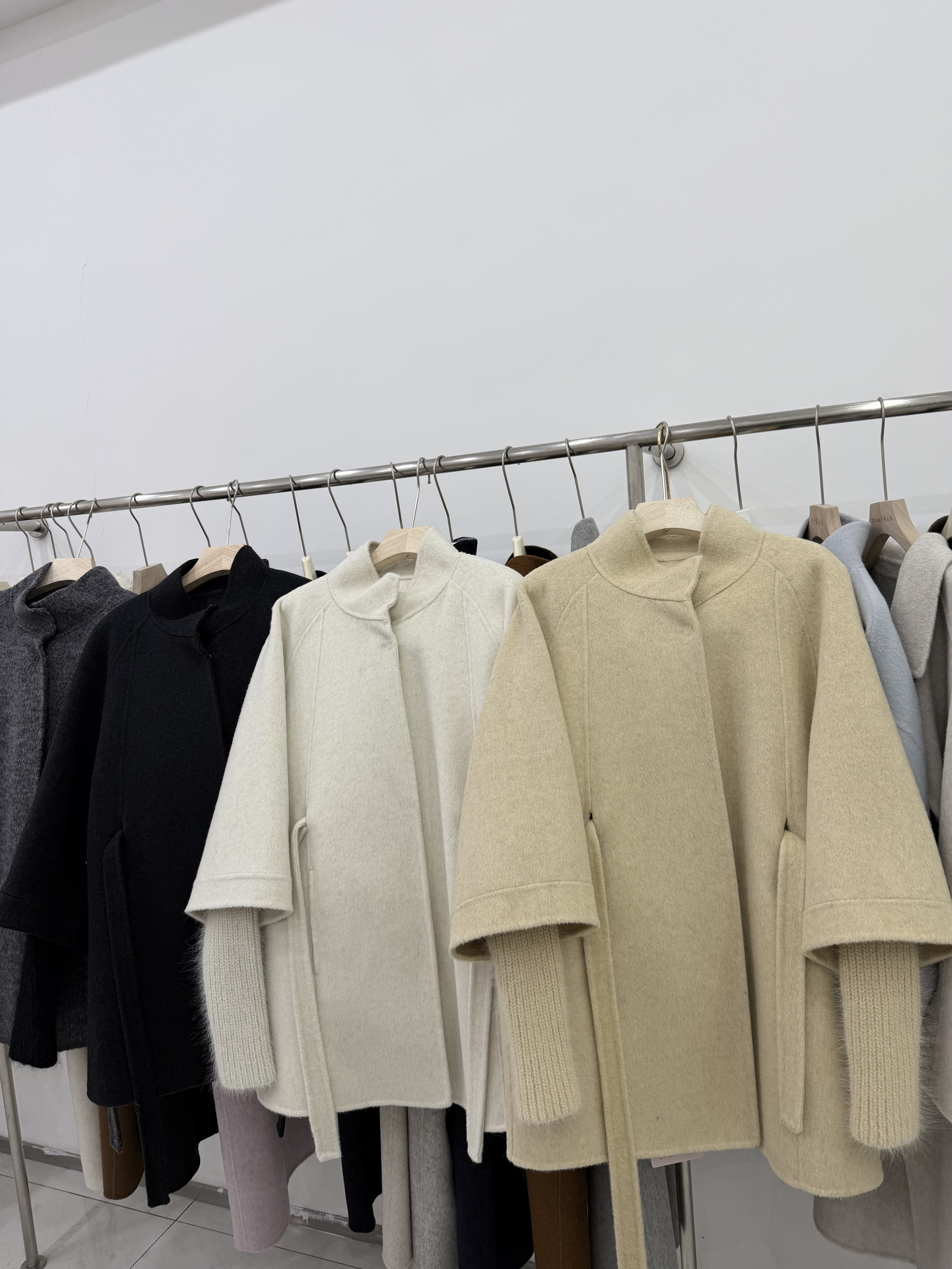 2025秋冬新款双面羊绒大衣中长款假两件针织袖小个子宽松羊毛外套