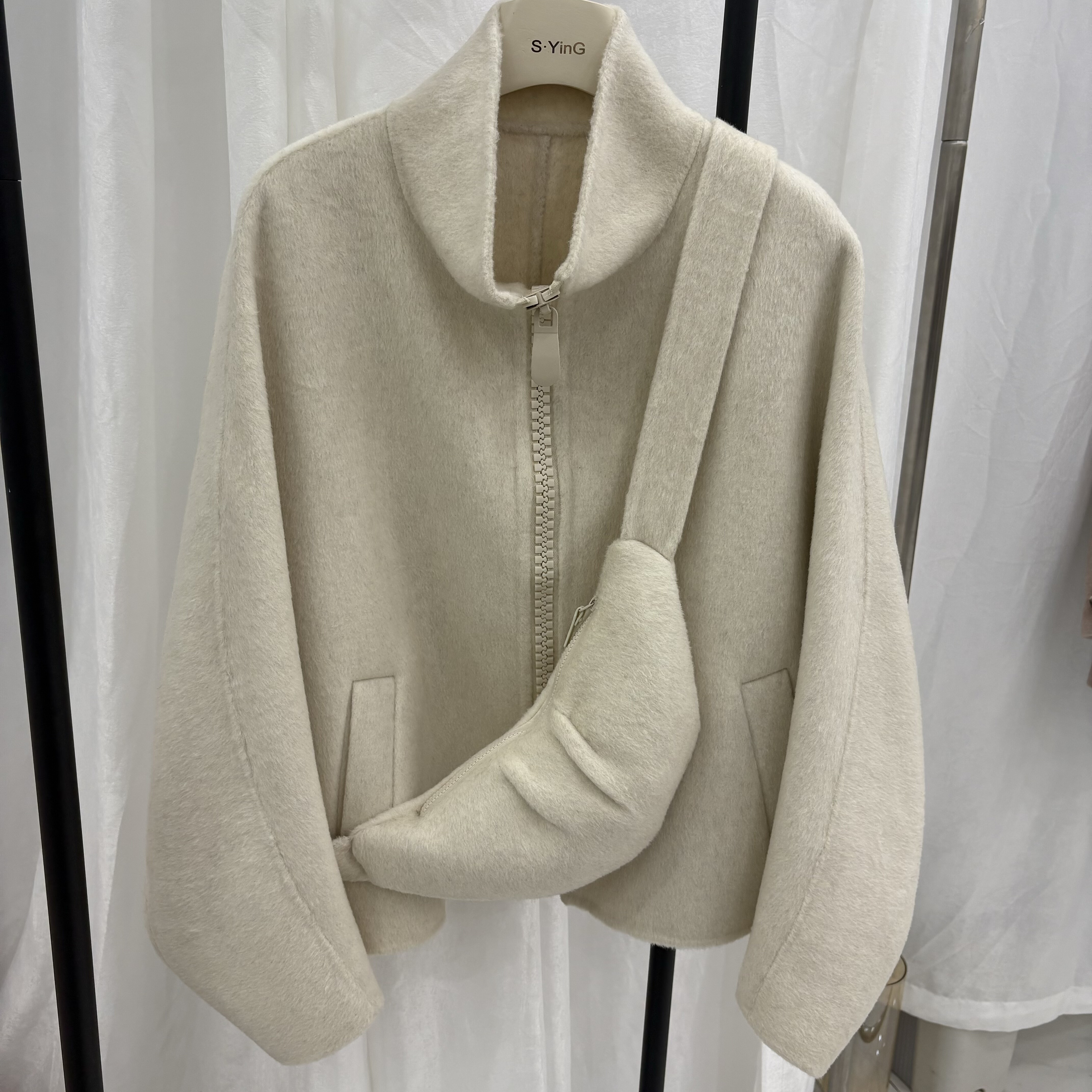 双面羊绒大衣短款2025秋冬新款韩版拉链款简约休闲带包包羊毛外套