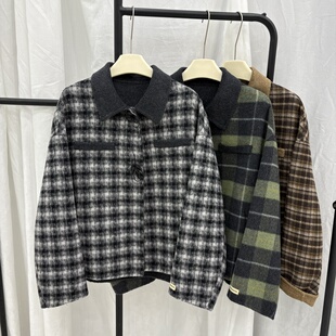 咖色格子翻领复古双面羊绒大衣短款女2025秋冬新款拼接羊毛外套