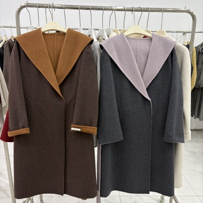 韩版双面羊绒大衣中长款女2025秋冬新款连帽宽松系带显瘦羊毛外套