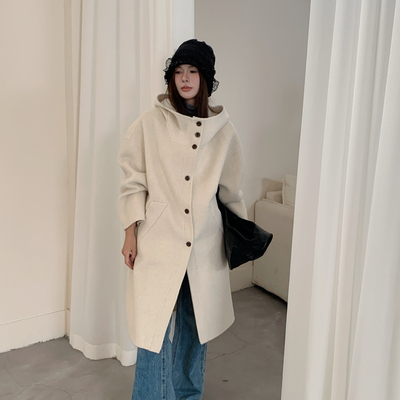 双面羊绒大衣女中长款2025秋冬新款韩版宽松显瘦简约连帽羊毛外套
