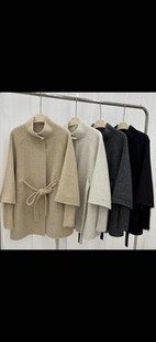 斗篷立领双面羊毛大衣中长款25秋冬新款韩版系带假两件袖口针织