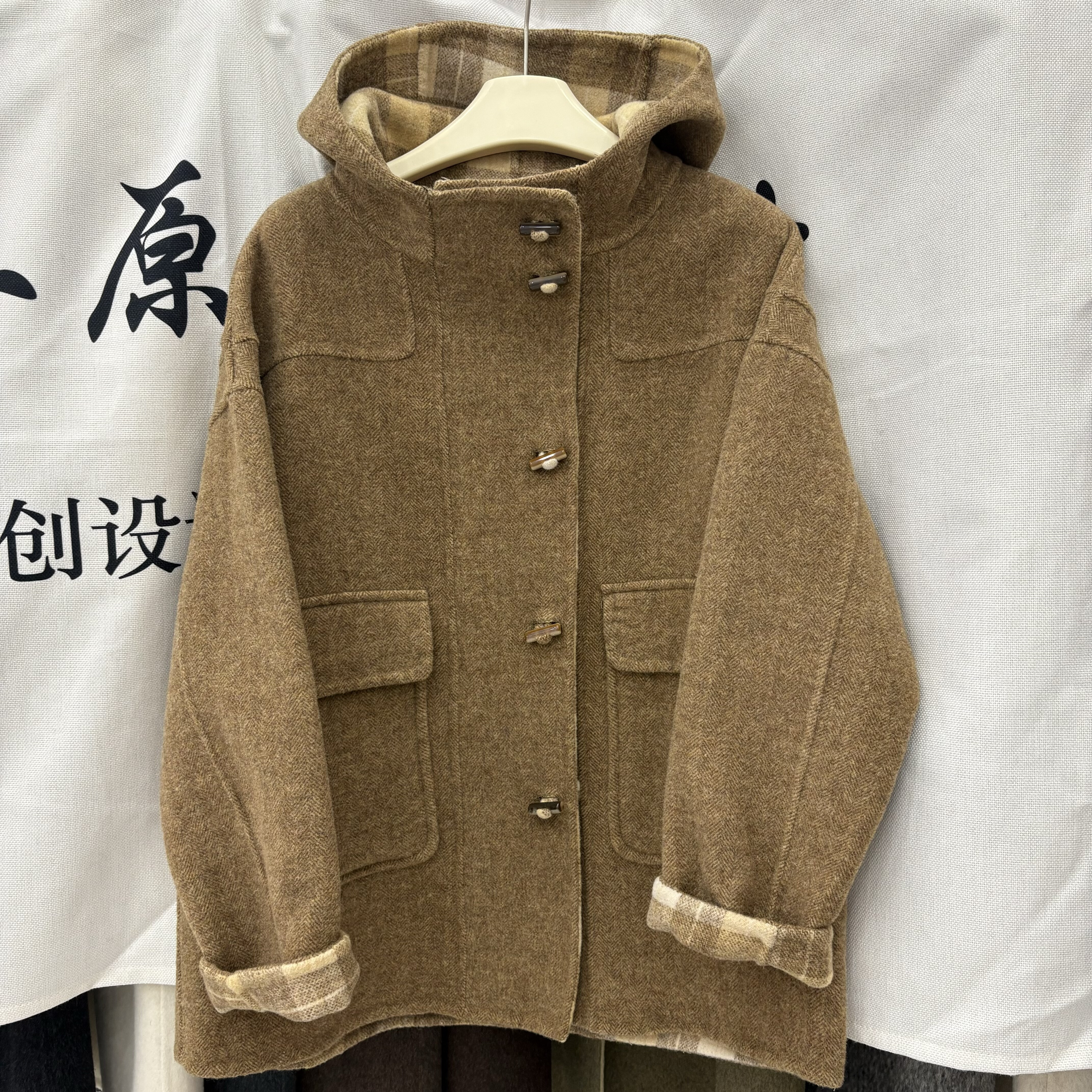2025秋冬新款连帽双面羊绒大衣女中长款宽松显瘦羊毛呢外套小个子