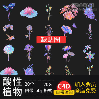 20个朋克酸性植物C4D风镭射蝴蝶自带渲染缺模型贴图C4D