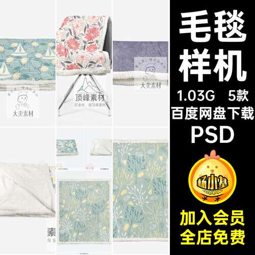 盖毯样机PSD效果图psd5款源文件mockup毛毯贴图智能