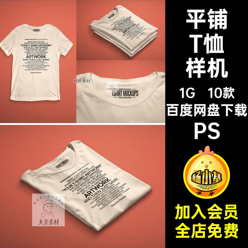 折叠T恤样机素材模板印花图案PSD贴图样机挂起10款的短袖智能平铺