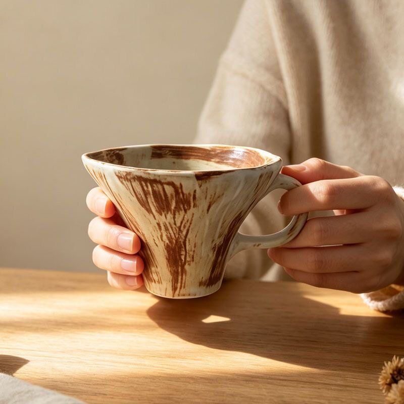 侘寂风窑变复古咖啡杯粗陶喇叭口马克杯