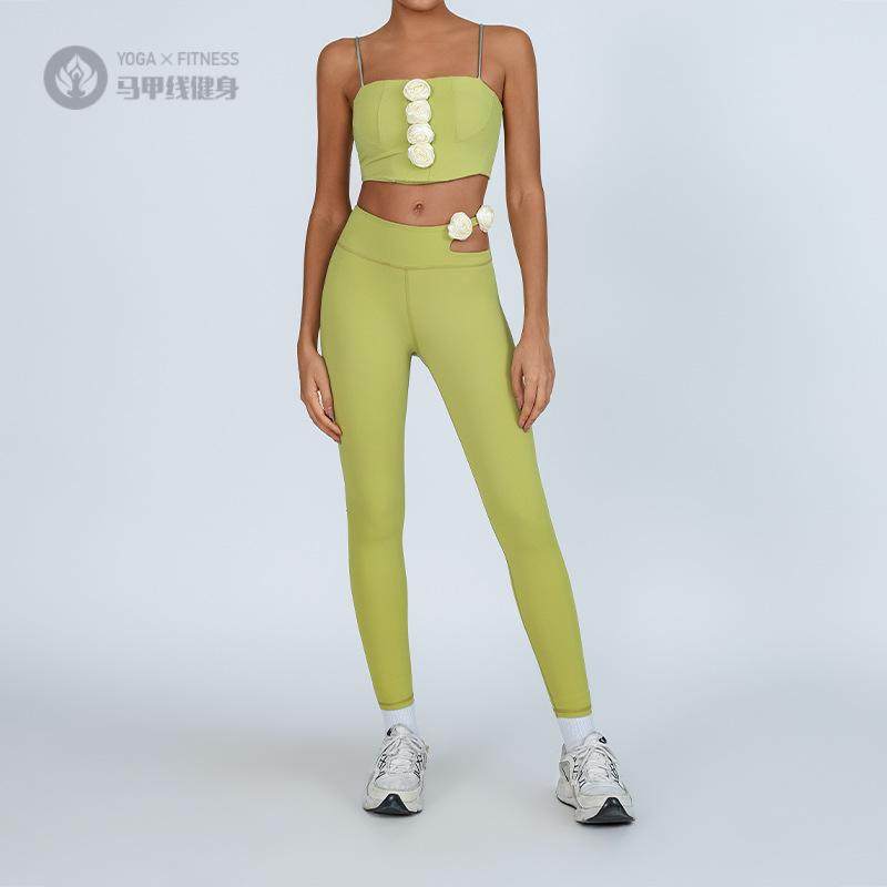 性感文胸瑜伽背心含胸垫立体花朵运动健身吊带高腰身长裤套装