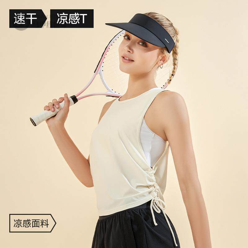 春款短袖冰凉绑带女士瑜伽背心抽绳宽松上衣透气跑步运动罩衫