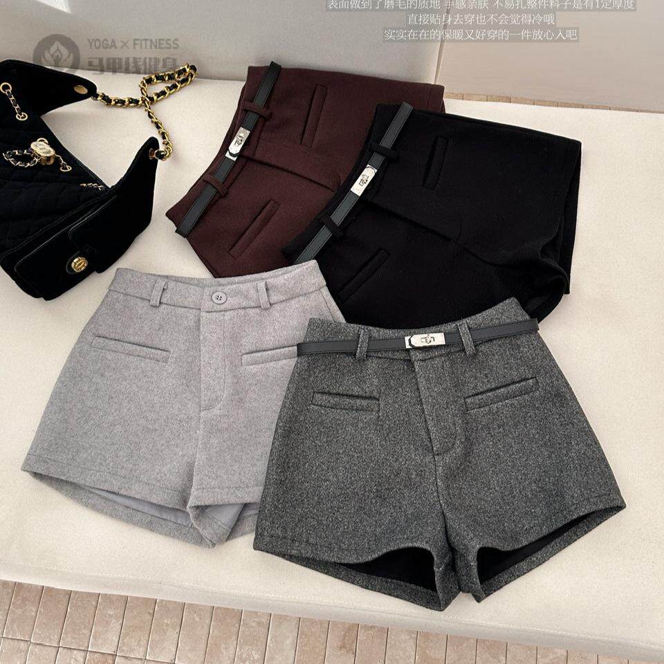 辣妹风毛呢休闲短裤女2025秋季高腰显瘦A字黑色阔腿呢子外穿靴裤