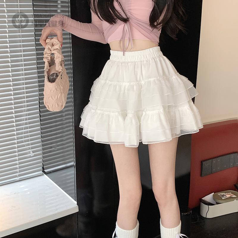 芭蕾风纯欲高腰网纱蓬蓬短裙女夏