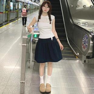 H1223日系藏青色半身裙女春款高腰显瘦a字短裙小个子五分伞裙