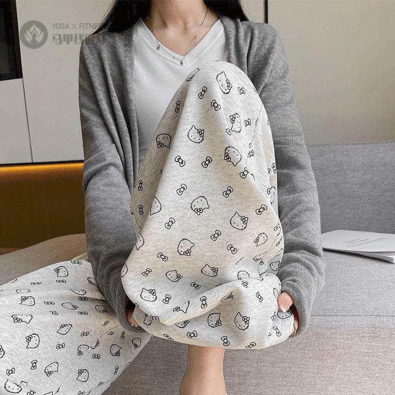 白灰色阔腿裤女春秋2026新款休闲裤高腰直筒宽松印花拖地休闲裤子