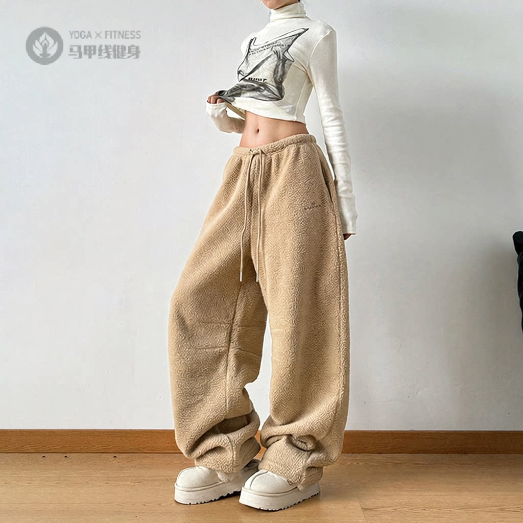 摇粒绒裤子女冬季加绒加厚休闲宽松保暖休闲加长卡其色加长裤子女
