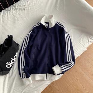 三条杠蓝色外套女款春秋黑色韩系夹克棒球服运动穿搭上衣女早秋季