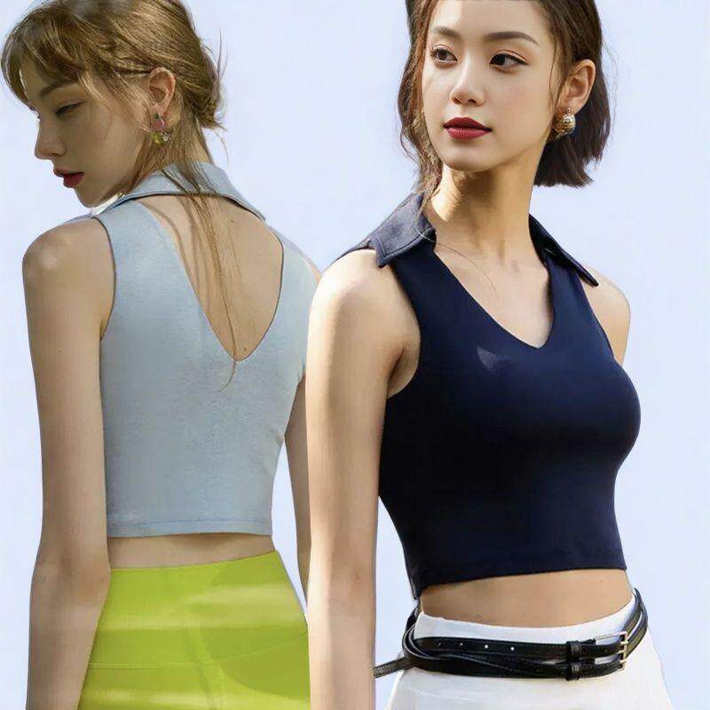 裸感瑜伽背心跑步网球健身文胸polo翻领镂空美背运动内衣女