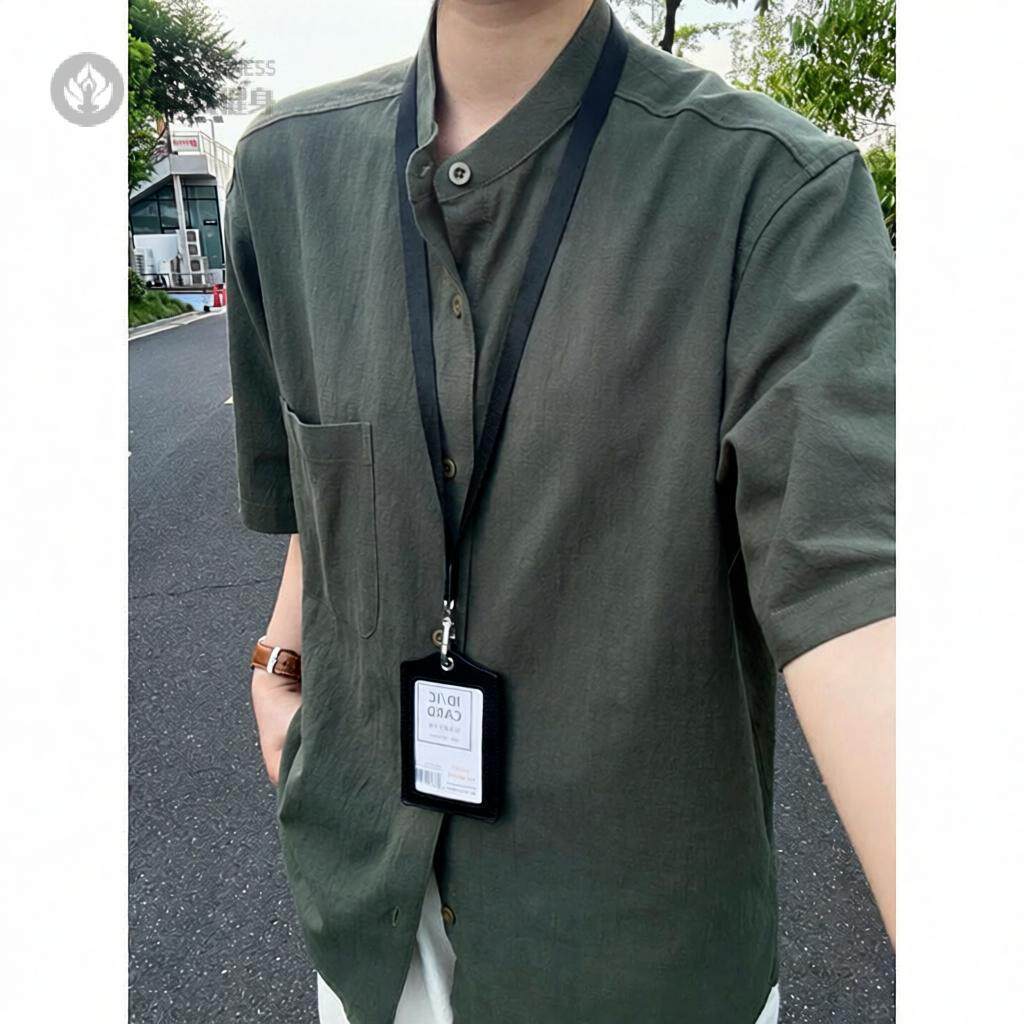 竹节棉褶皱立领短袖衬衫男|夏季
