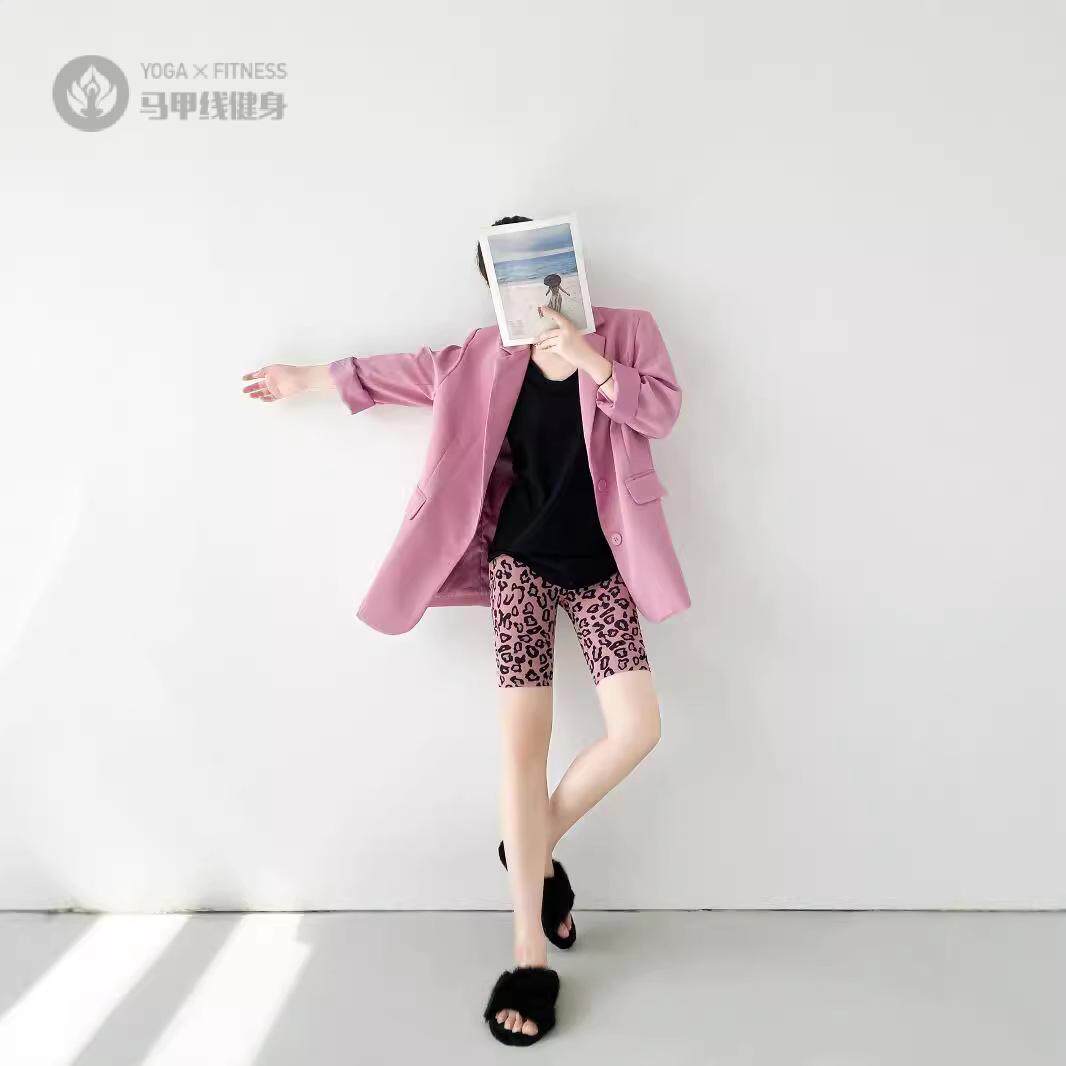 新款韩版豹纹短裤五分打底裤四季薄款运动跑步裤子女印花女裤显瘦