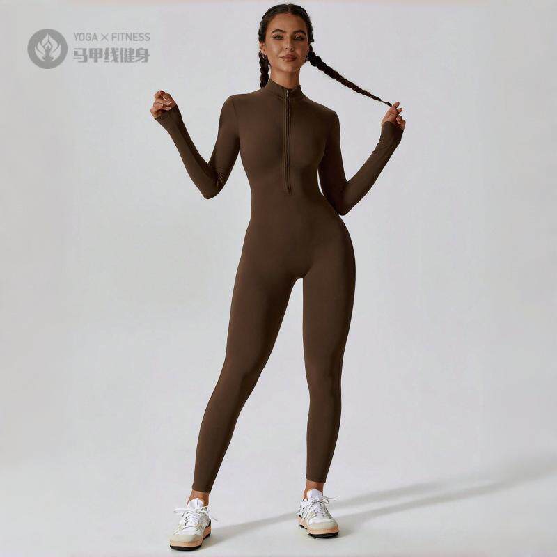 新款紧身拉链连体长袖修身显臀女