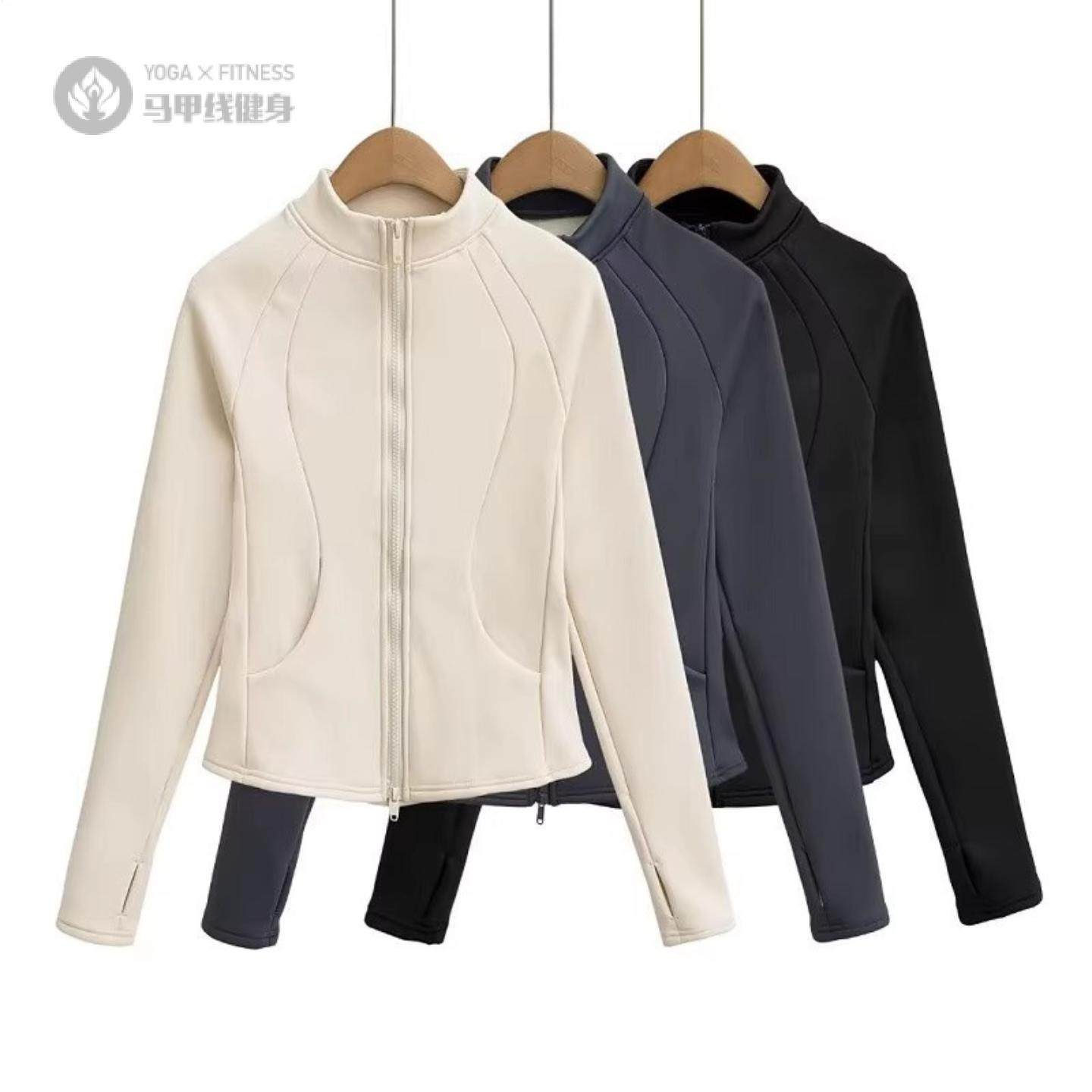 加绒加厚双拉链瑜伽外套秋冬女运动修身一体绒百搭防风保暖上衣