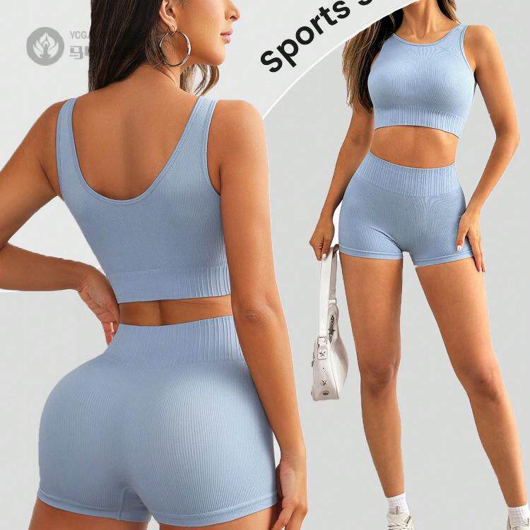 欧美新款缝运动背心短裤跑步健身速干袖女款瑜伽服套装
