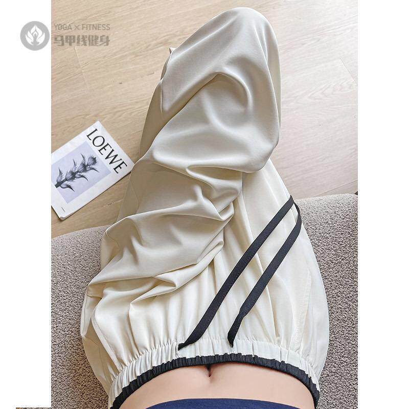 撞色腰冰丝窄版阔腿裤女夏季薄款高腰垂感直筒运动防晒裤冰丝透气