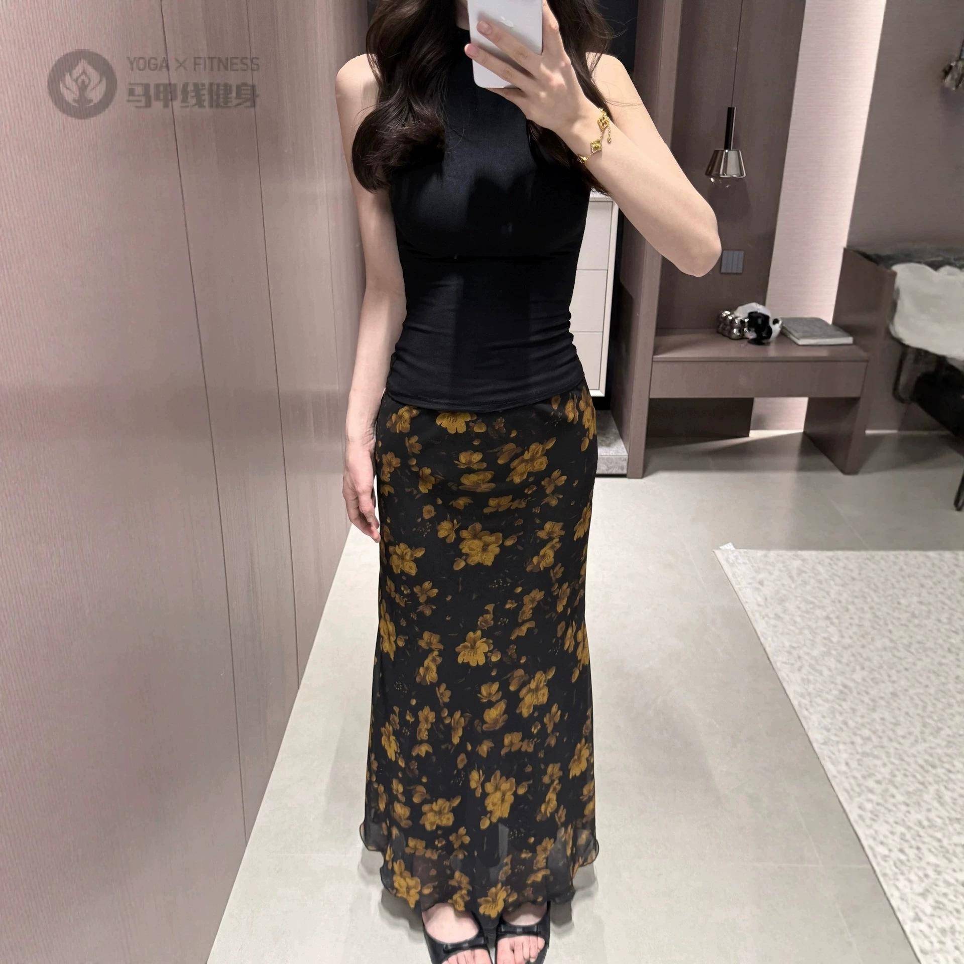 复古黄玫瑰碎花鱼尾半身裙|2026