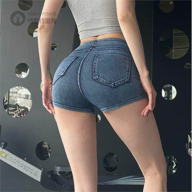仿牛仔运动短裤夏季高腰跑步短裤提臀训练三分裤性感显瘦休闲热裤
