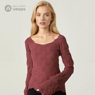 纯欲风方领瑜伽上衣提花镂空透气长袖运动背心短款修身显瘦