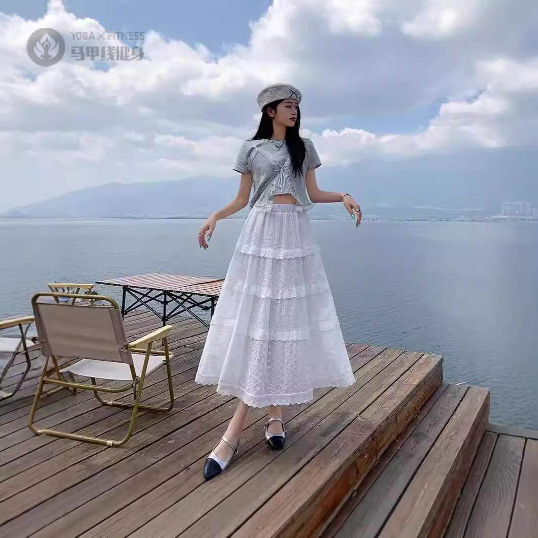 绣花白色半身裙女春秋季2024新款高腰显瘦字长裙子小个子蓬蓬蛋糕