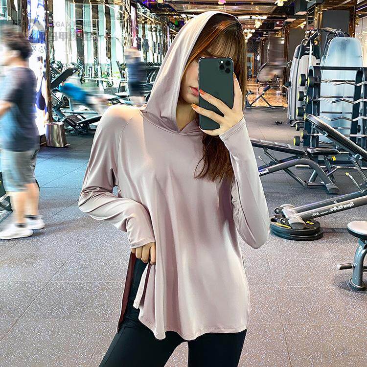 连帽运动上衣女宽松显瘦健身服长袖大码秋冬瑜伽跑步罩衫训练服