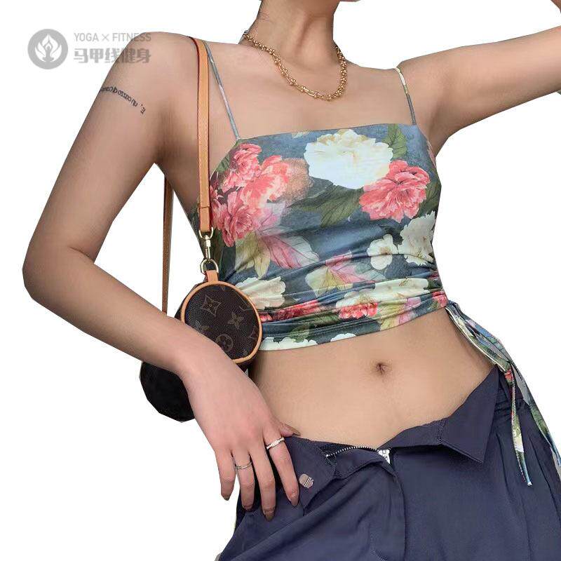 复古印花瑜伽背心女美背含胸垫