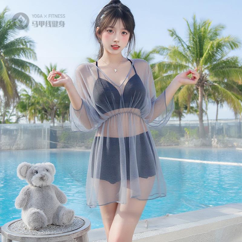 2025新款泳衣女韩国超仙学生分体度假温泉泳装网纱罩衫三件套