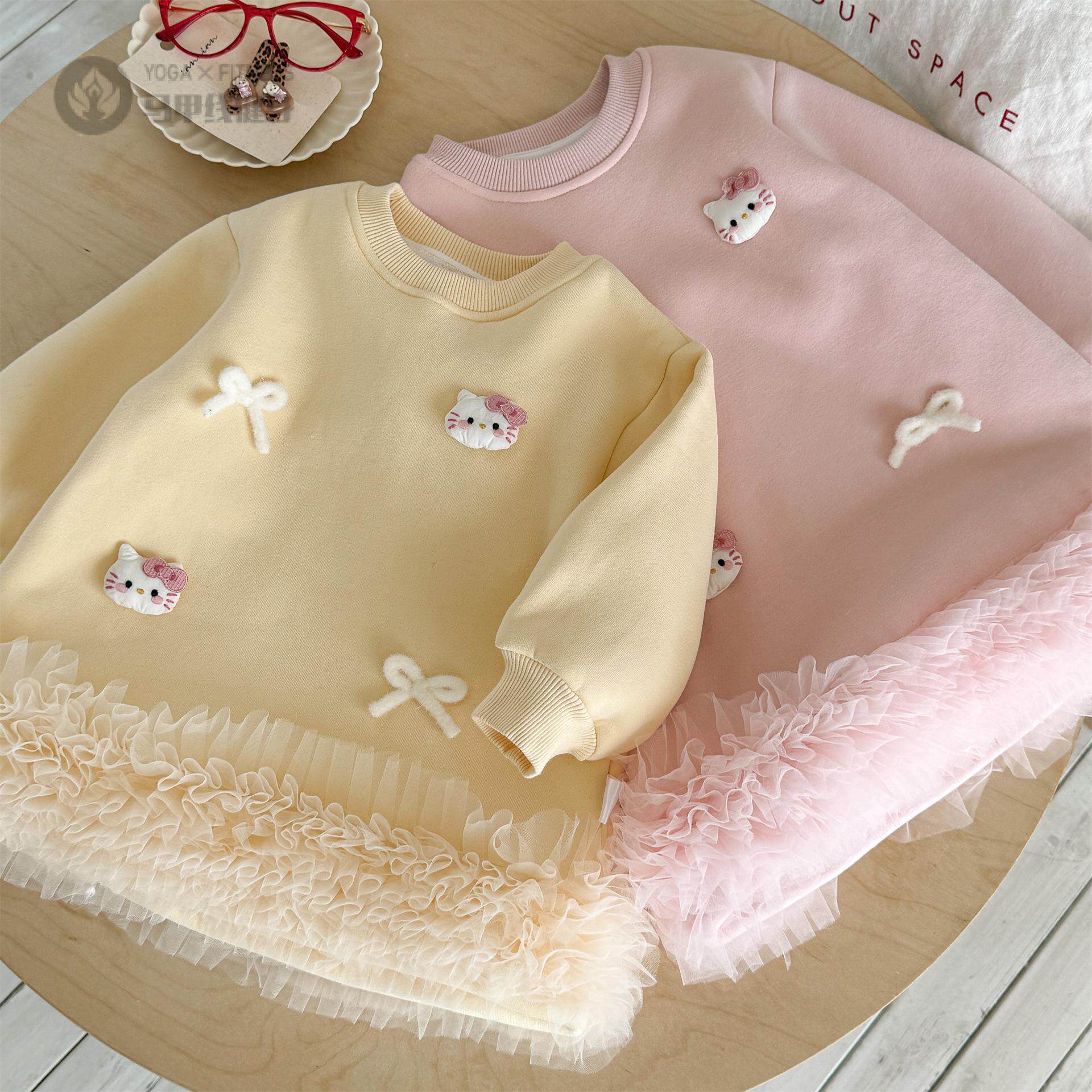 女童秋冬新款洋气连衣裙卡通网纱卫衣裙加绒可爱韩版女孩裙子童装