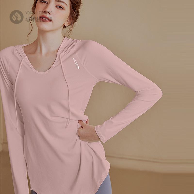 健身服女宽松长袖休闲运动上衣卫衣夏中长款瑜伽服上衣连帽健身衣