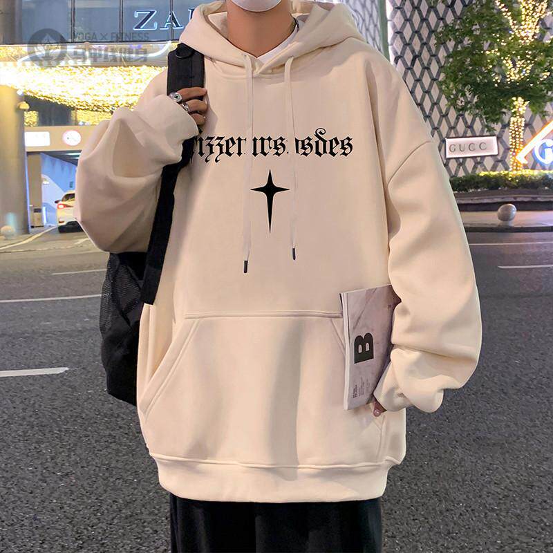美式复古连帽加绒卫衣男秋冬港风