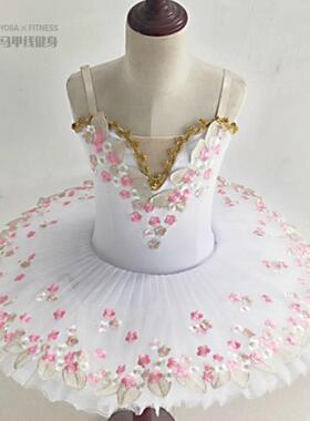 女童公主舞蹈汇演uu裙鲜花V领吊带蓬蓬裙芭蕾演出服