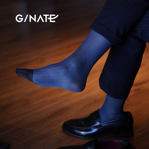 GNATE及图【G.18k】男士正装商务条纹丝袜中筒光泽感西装及膝薄袜