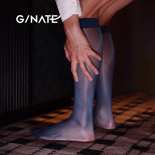 G/NATE 及图T1超薄极光油亮条纹正装商务丝袜男士中筒普鲁士蓝色