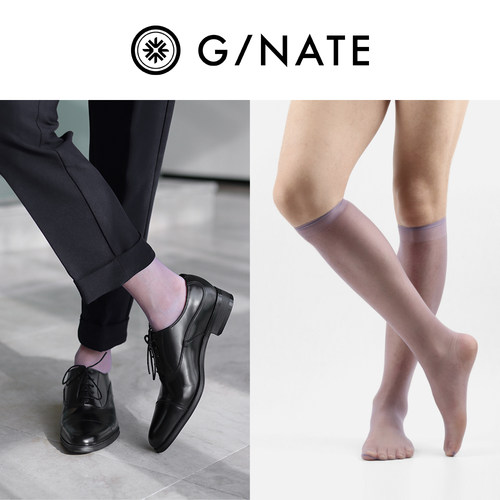 GNATE【2双】男士商务油亮超薄中筒丝袜素面0d高筒日本无跟及膝袜