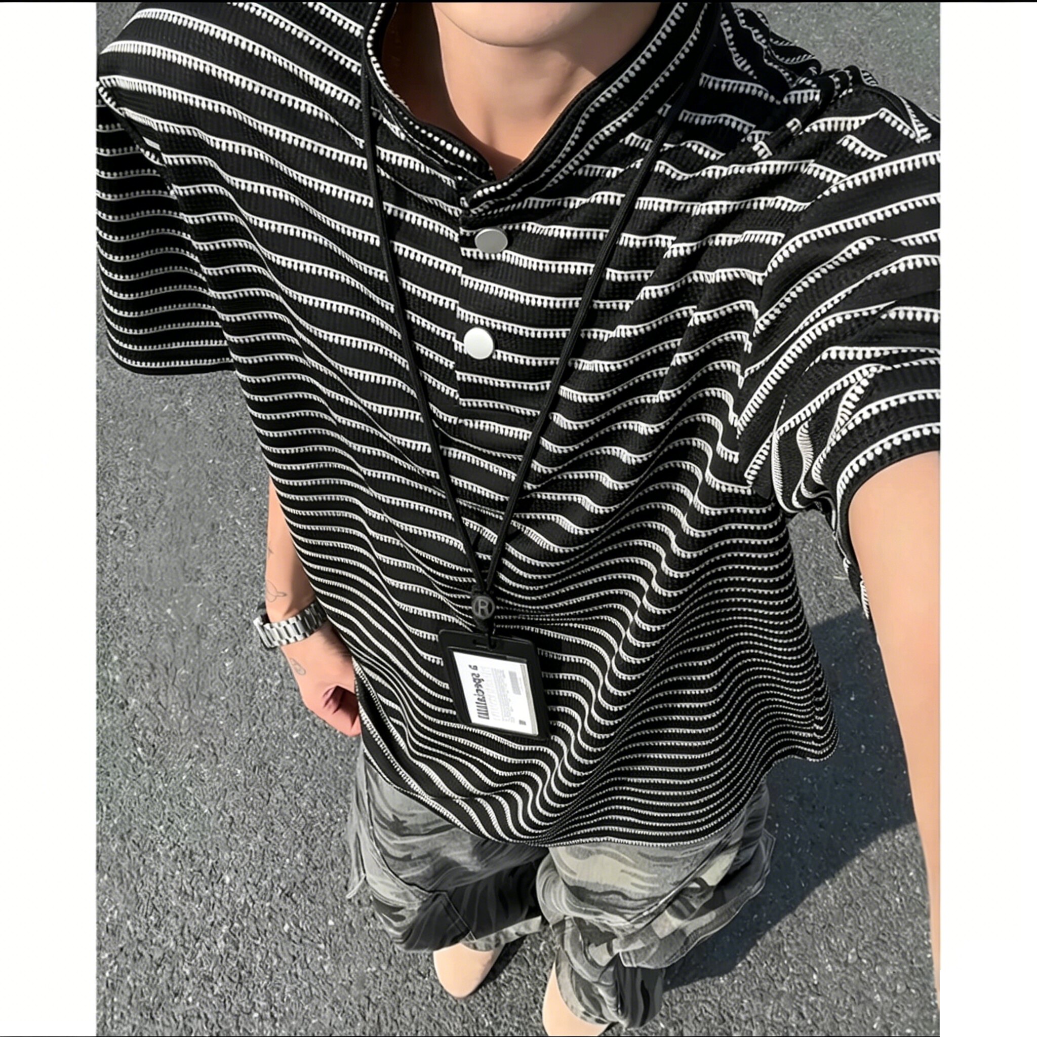 重磅条纹亨利领短袖T恤男高级感潮牌正肩五分袖夏季宽松休闲半袖