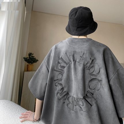 灰色麂皮短袖T恤男夏季潮牌设计感小众重磅体恤oversize圆领半袖
