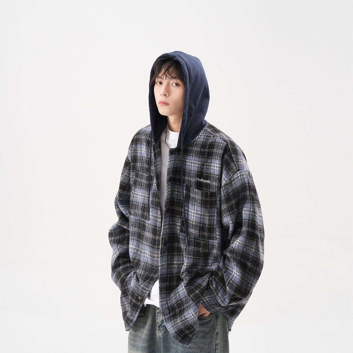 美式假两件格子连帽衬衫男女秋季宽松休闲衬衣外套慵懒风情侣夹克