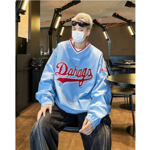 美式 球衣 嘻哈街头V领卫衣男女宽松春秋潮牌运动情侣痞帅上衣长袖