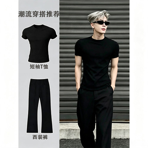 黑色夏季男修身显壮短袖运动套装