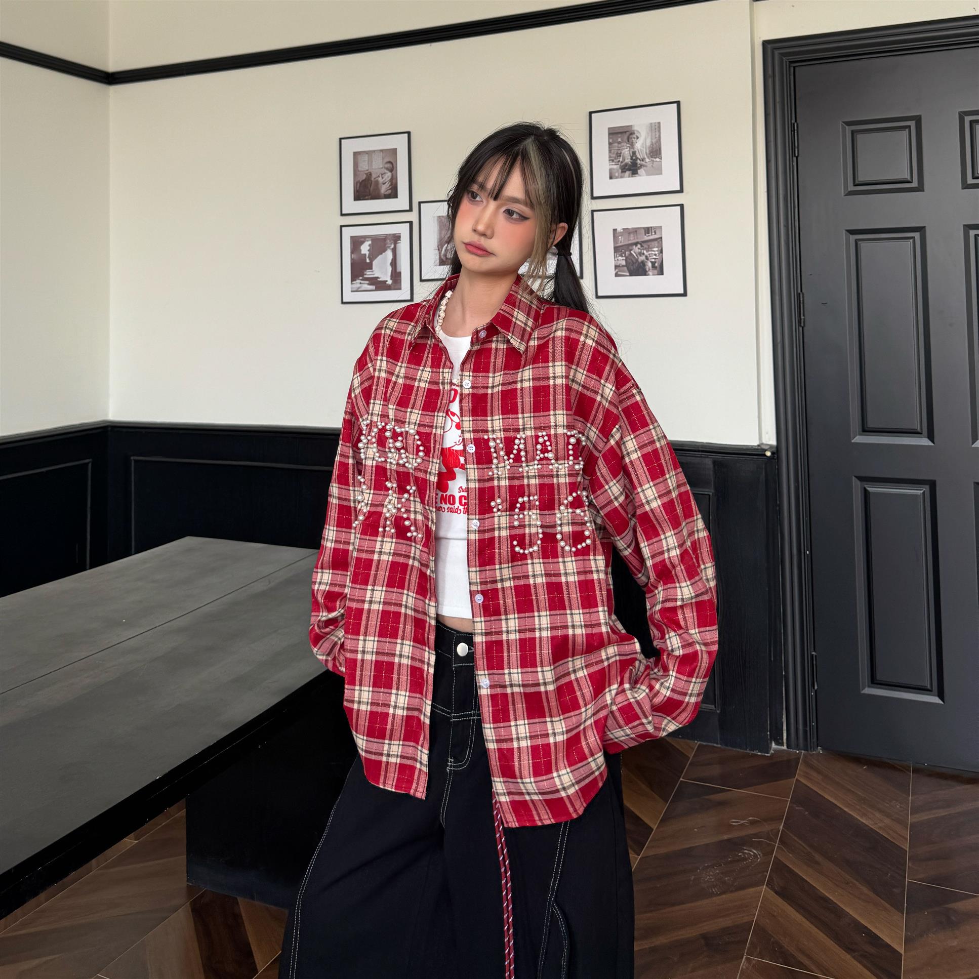 格子美式复古珍珠字母格纹衬衫